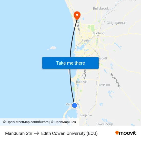 Mandurah Stn to Edith Cowan University (ECU) map