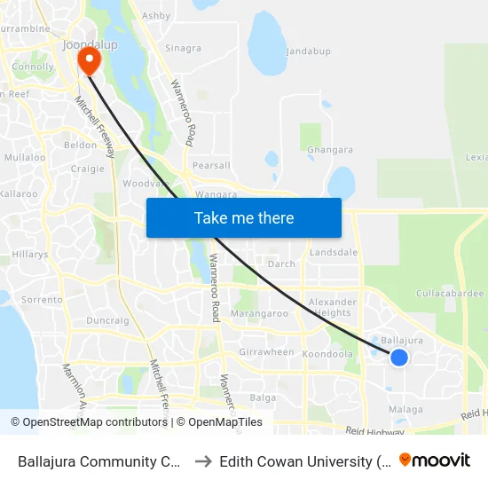 Ballajura Community College to Edith Cowan University (ECU) map