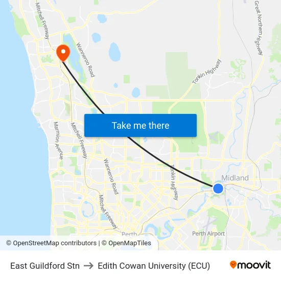 East Guildford Stn to Edith Cowan University (ECU) map