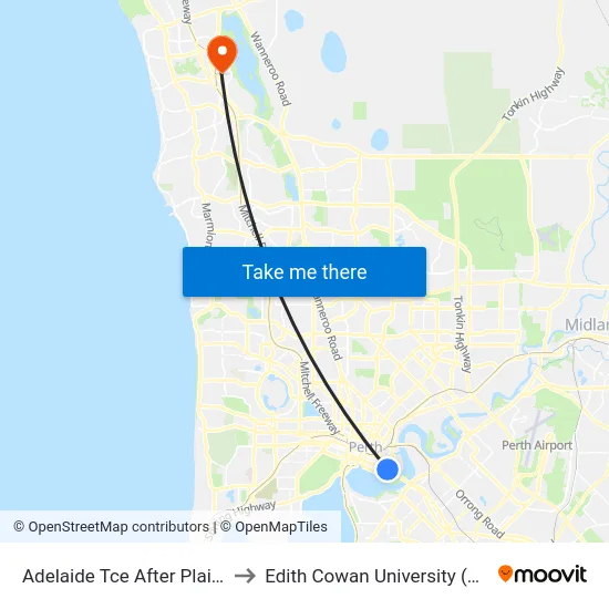 Adelaide Tce After Plain St to Edith Cowan University (ECU) map