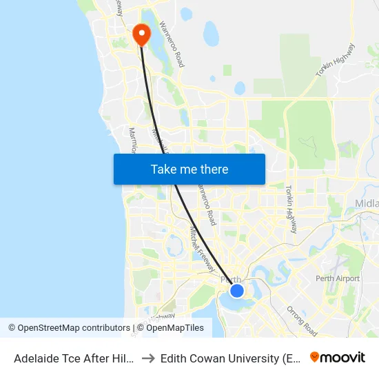 Adelaide Tce After Hill St to Edith Cowan University (ECU) map