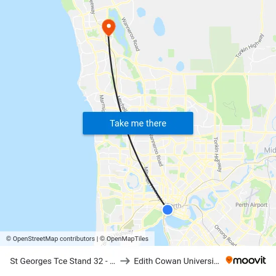 St Georges Tce Stand 32 - Cat Id 21 to Edith Cowan University (ECU) map