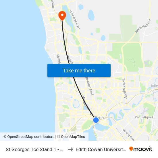 St Georges Tce Stand 1 -  Cat Id 31 to Edith Cowan University (ECU) map