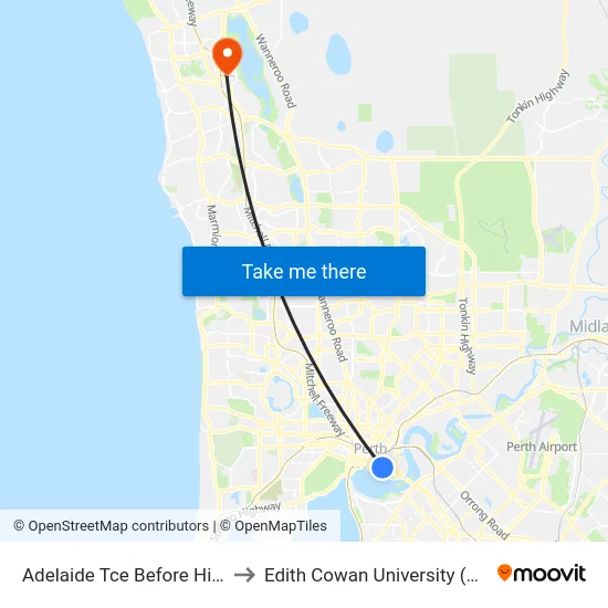Adelaide Tce Before Hill St to Edith Cowan University (ECU) map