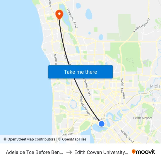 Adelaide Tce Before Bennett St to Edith Cowan University (ECU) map