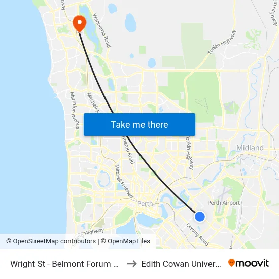 Wright St - Belmont Forum Shopping Ctr to Edith Cowan University (ECU) map