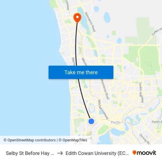 Selby St Before Hay St to Edith Cowan University (ECU) map