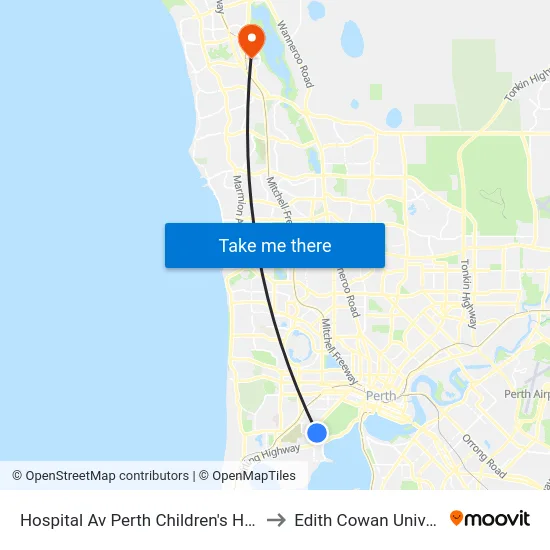 Hospital Av Perth Children's Hospital Cat Id 132 to Edith Cowan University (ECU) map