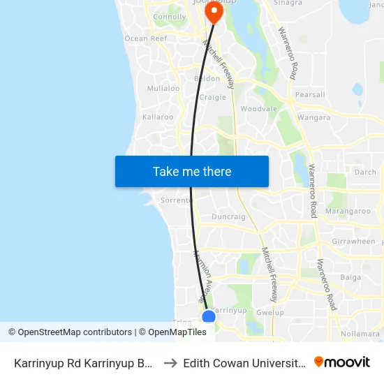 Karrinyup Rd Karrinyup Bus Depot to Edith Cowan University (ECU) map
