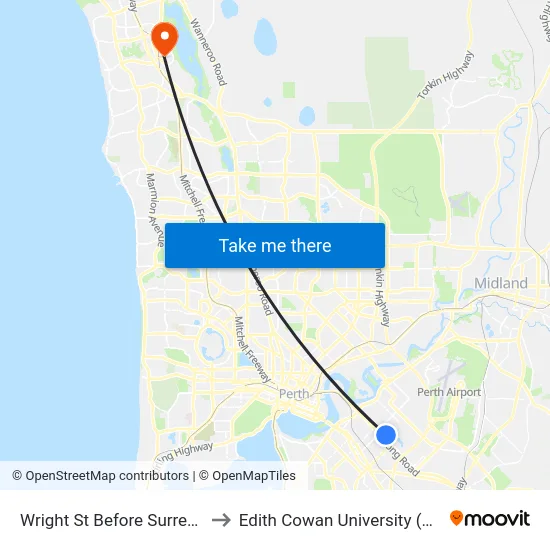 Wright St Before Surrey Rd to Edith Cowan University (ECU) map
