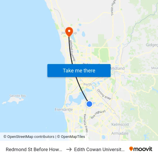 Redmond St Before Howard Pde to Edith Cowan University (ECU) map