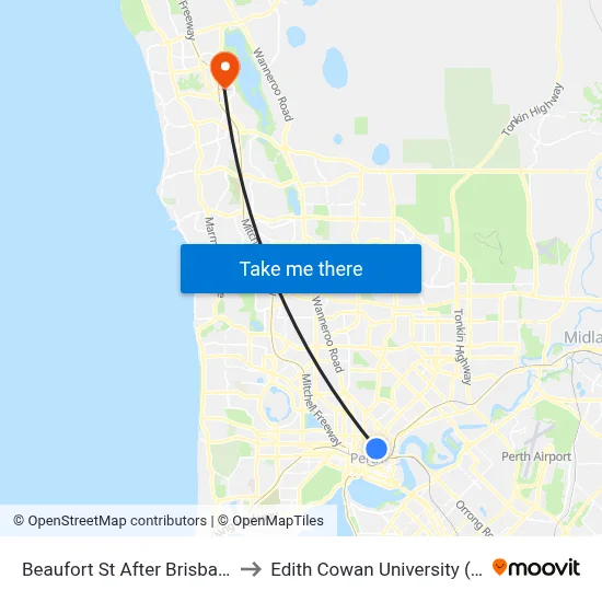 Beaufort St After Brisbane St to Edith Cowan University (ECU) map