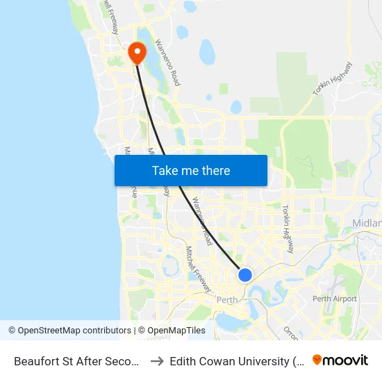 Beaufort St After Second Av to Edith Cowan University (ECU) map