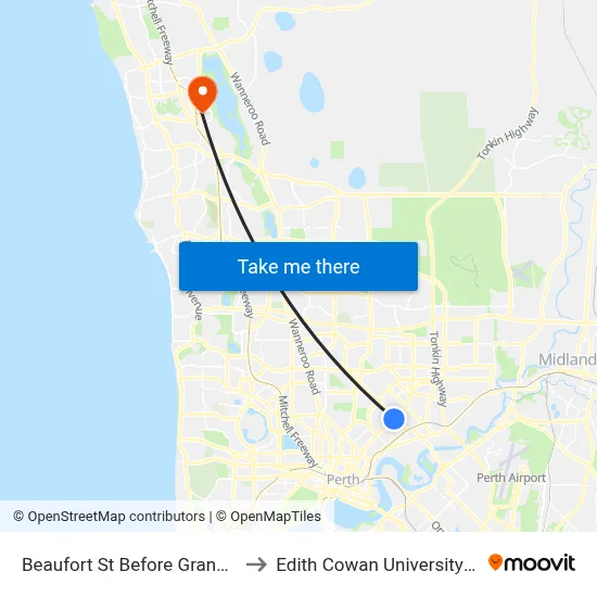 Beaufort St Before Grand Prom to Edith Cowan University (ECU) map