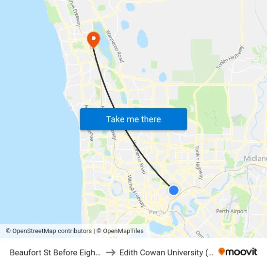 Beaufort St Before Eighth Av to Edith Cowan University (ECU) map