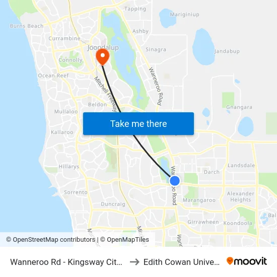 Wanneroo Rd - Kingsway City Shopping Ctr to Edith Cowan University (ECU) map