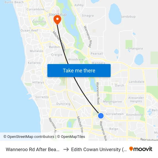 Wanneroo Rd After Beach Rd to Edith Cowan University (ECU) map