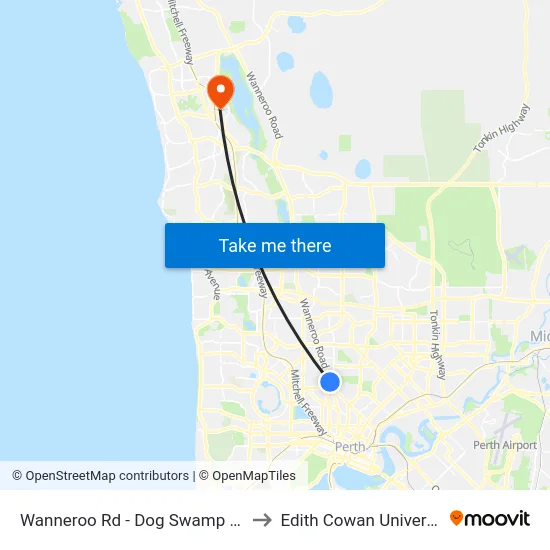 Wanneroo Rd - Dog Swamp Shopping Ctr to Edith Cowan University (ECU) map