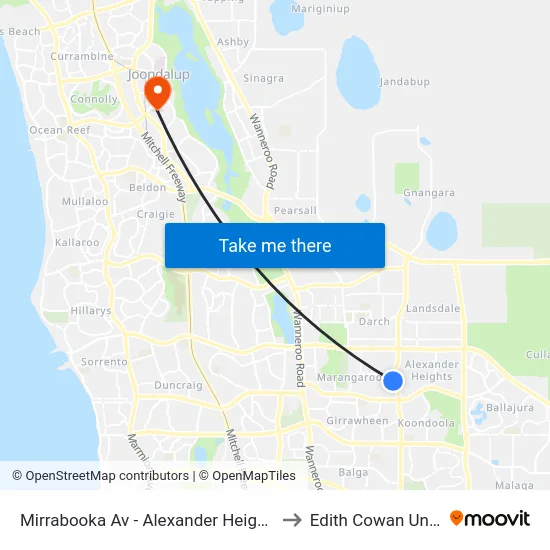 Mirrabooka Av - Alexander Heights Shopping Ctr Stand 2 to Edith Cowan University (ECU) map
