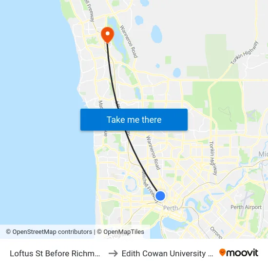 Loftus St Before Richmond St to Edith Cowan University (ECU) map