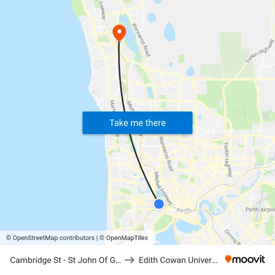 Cambridge St - St John Of God Hospital to Edith Cowan University (ECU) map