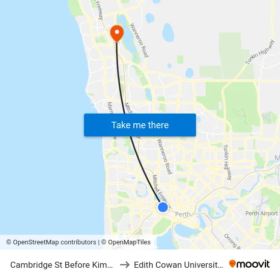 Cambridge St Before Kimberley St to Edith Cowan University (ECU) map