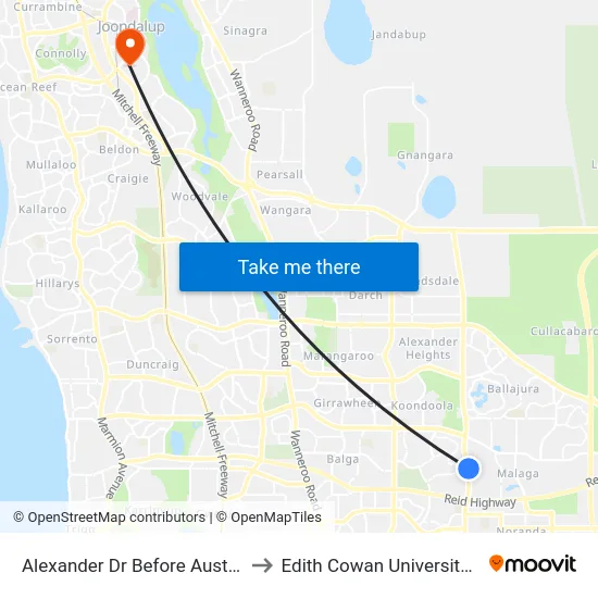 Alexander Dr Before Australis Av to Edith Cowan University (ECU) map