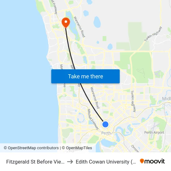 Fitzgerald St Before View St to Edith Cowan University (ECU) map