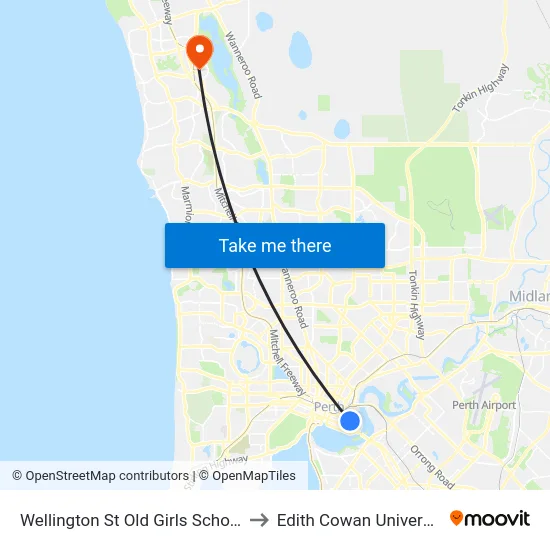 Wellington St Old Girls School Cat Id 52 to Edith Cowan University (ECU) map