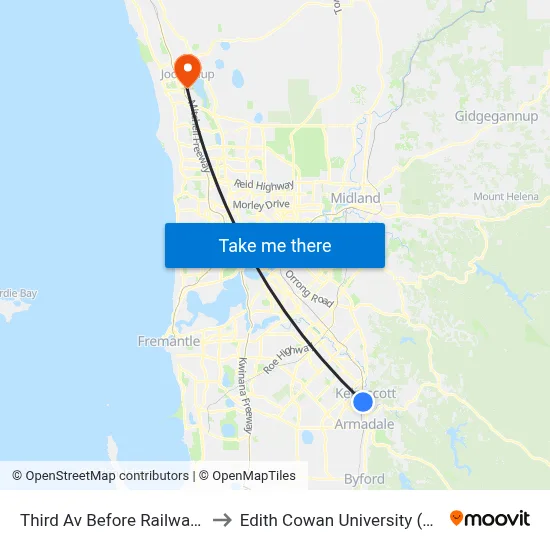 Third Av Before Railway Av to Edith Cowan University (ECU) map