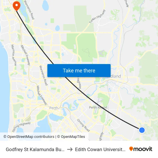 Godfrey St Kalamunda Bus Depot to Edith Cowan University (ECU) map