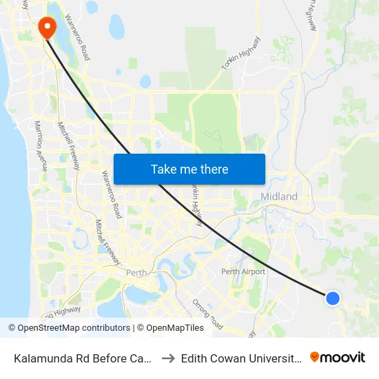Kalamunda Rd Before Canning Rd to Edith Cowan University (ECU) map