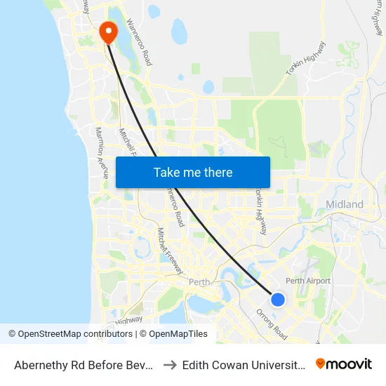 Abernethy Rd Before Beverley Rd to Edith Cowan University (ECU) map