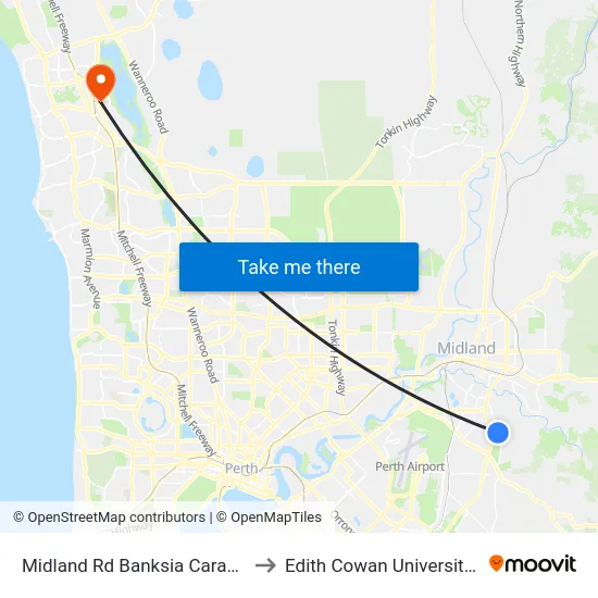 Midland Rd Banksia Caravan Park to Edith Cowan University (ECU) map