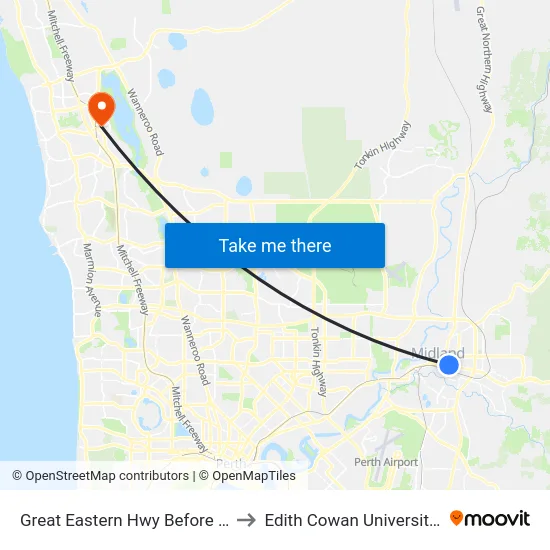 Great Eastern Hwy Before Sayer St to Edith Cowan University (ECU) map