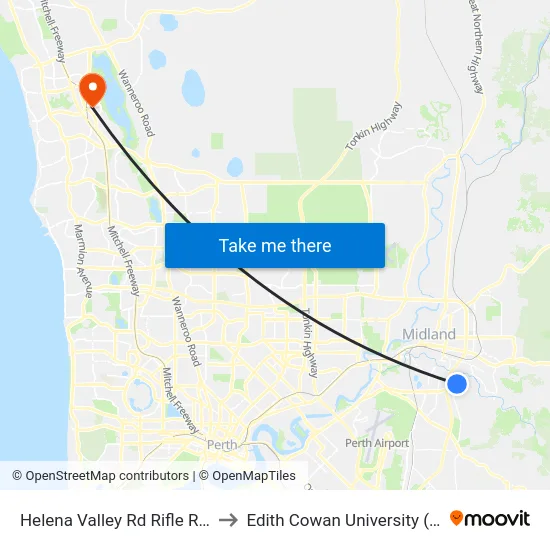 Helena Valley Rd Rifle Range to Edith Cowan University (ECU) map