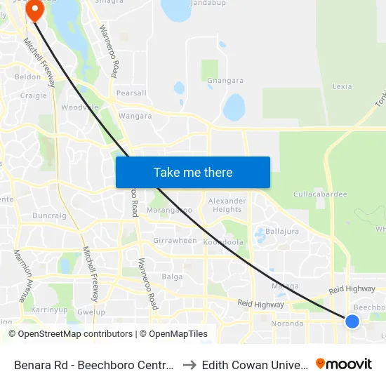 Benara Rd - Beechboro Central Shopping Ctr to Edith Cowan University (ECU) map