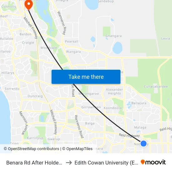 Benara Rd After Holden Dr to Edith Cowan University (ECU) map