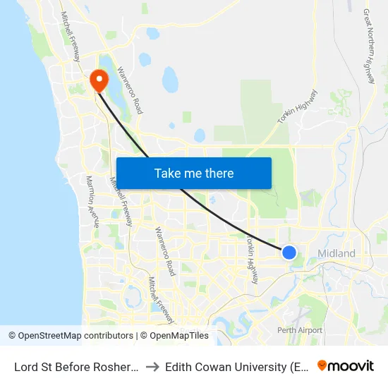 Lord St Before Rosher Rd to Edith Cowan University (ECU) map
