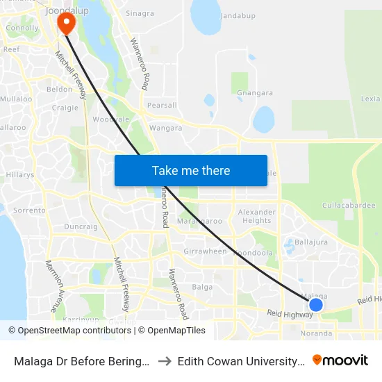 Malaga Dr Before Beringarra Av to Edith Cowan University (ECU) map