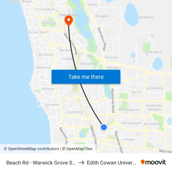Beach Rd - Warwick Grove Shopping Ctr to Edith Cowan University (ECU) map
