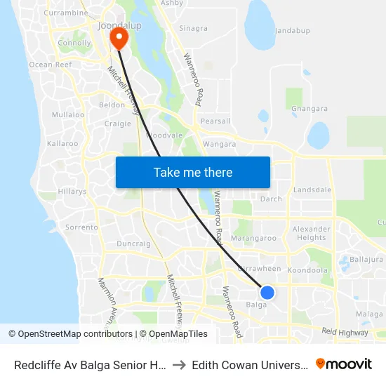 Redcliffe Av Balga Senior High School to Edith Cowan University (ECU) map