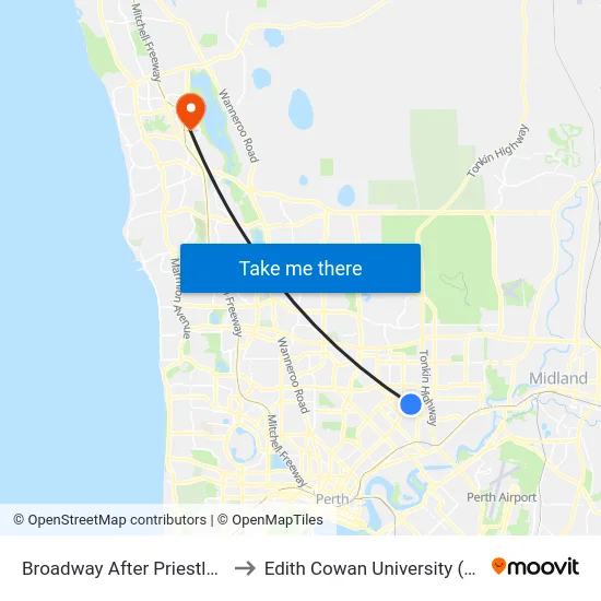 Broadway   After Priestley St to Edith Cowan University (ECU) map