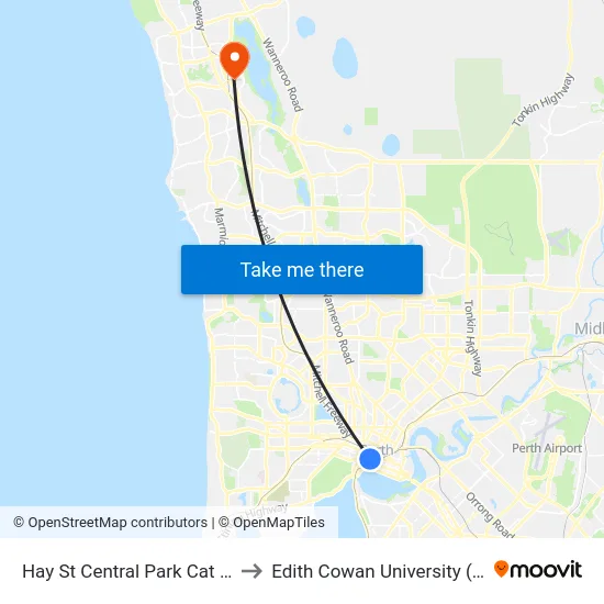 Hay St Central Park Cat Id 87 to Edith Cowan University (ECU) map