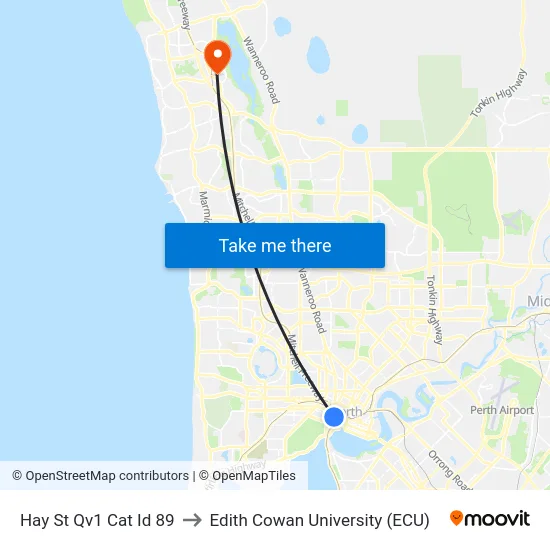 Hay St Qv1 Cat Id 89 to Edith Cowan University (ECU) map