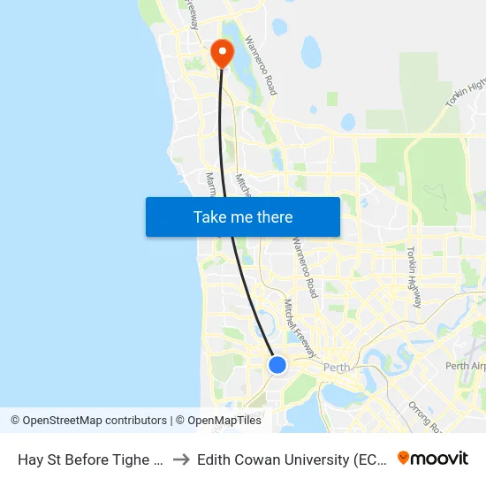 Hay St Before Tighe St to Edith Cowan University (ECU) map