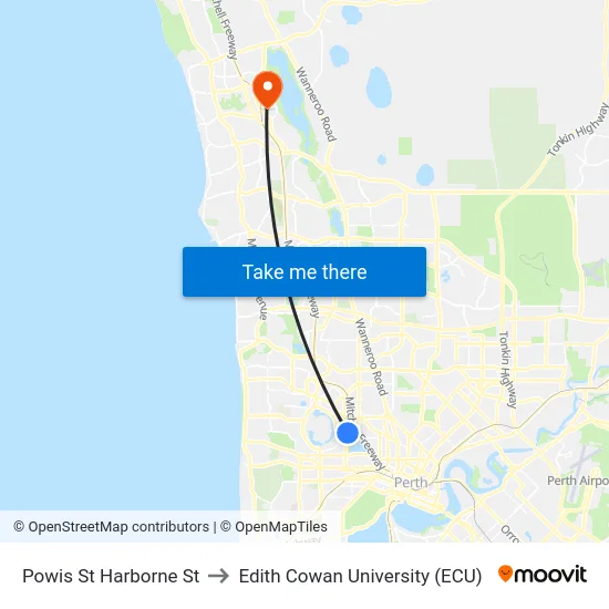 Powis St Harborne St to Edith Cowan University (ECU) map