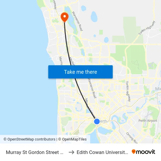 Murray St Gordon Street Cat Id 96 to Edith Cowan University (ECU) map