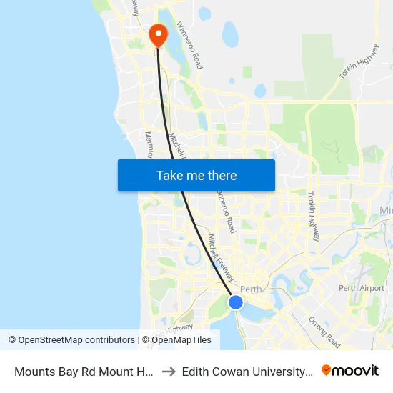 Mounts Bay Rd Mount Hospital to Edith Cowan University (ECU) map