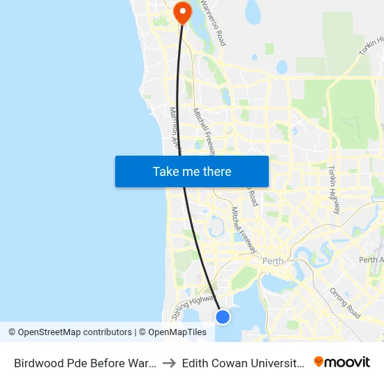 Birdwood Pde Before Waratah Av to Edith Cowan University (ECU) map